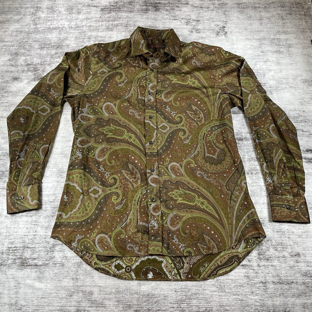 Etro Milano Mens Paisley Shirt Size 41 100% Cotton Made in Italy Brown&green